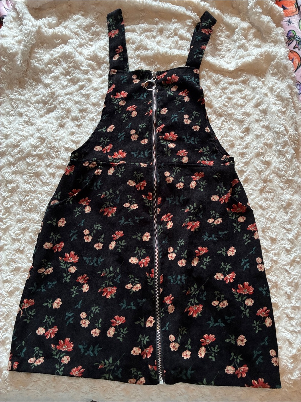 Black Floral Pinafore Dress with Front Zip
